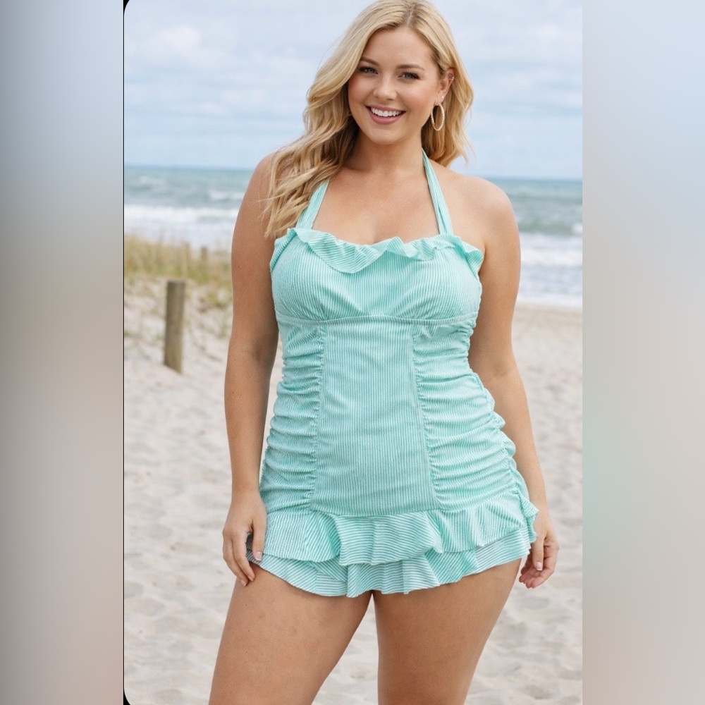 Jessica Simpson Mint Striped One Piece Swimsuit NWT size 14/16